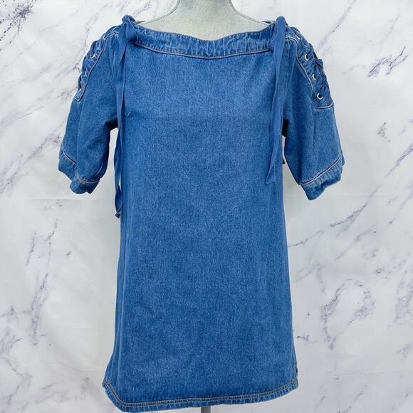Anthropologie | Maeve | Denim Mini Shift Dress with Lace-Up and Tie Shoulders - Picture 11 of 12